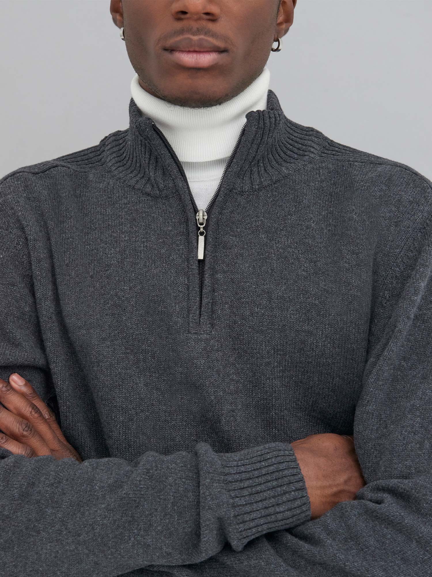 awdis unisex quarter zip sweatshirt ea061 portrait charcoal model close up