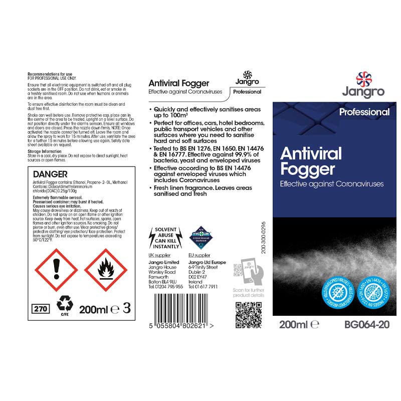 jangro antiviral fogger 200ml label