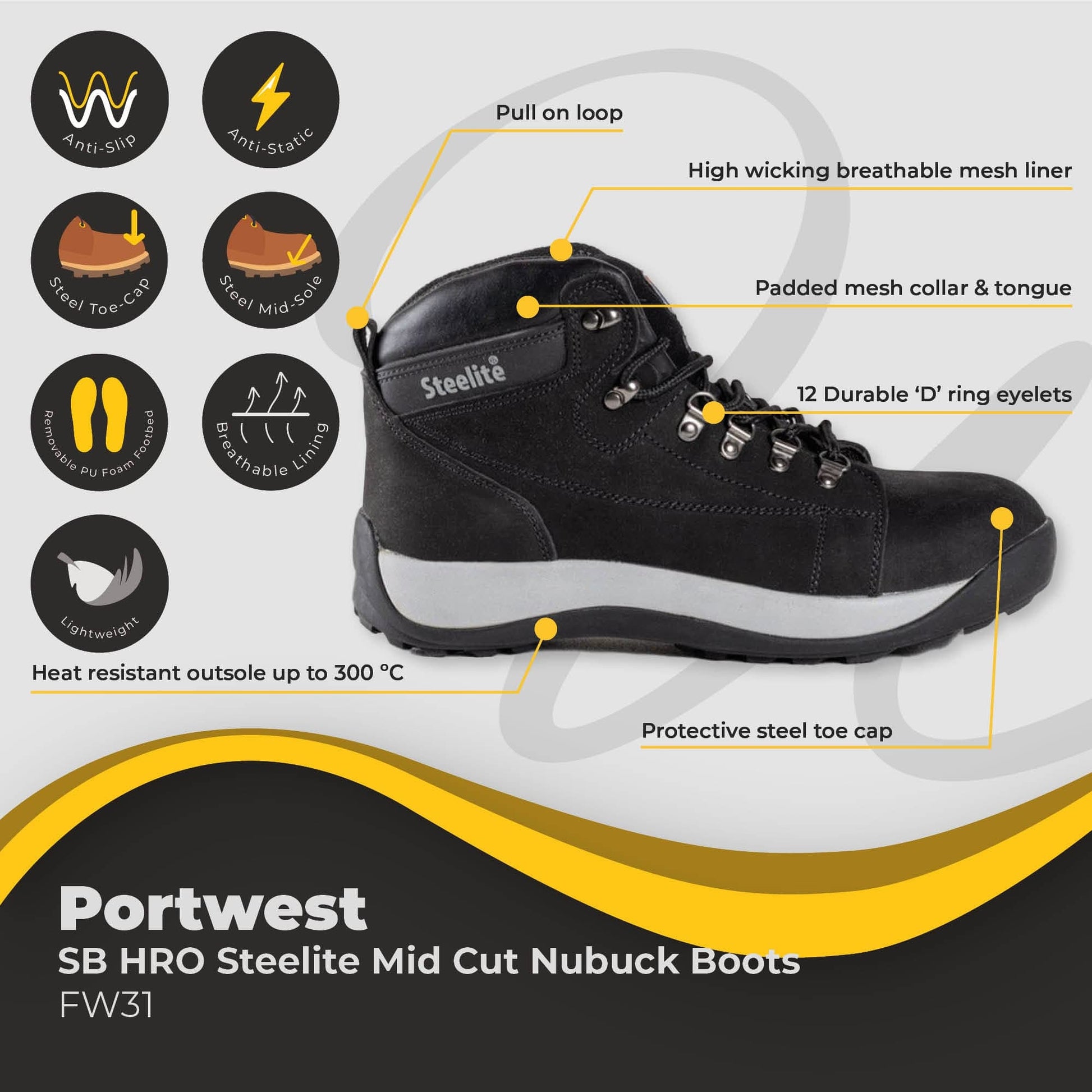 portwest steelite mid cut nubuck boot sb hro fw31 dd046 bk 06