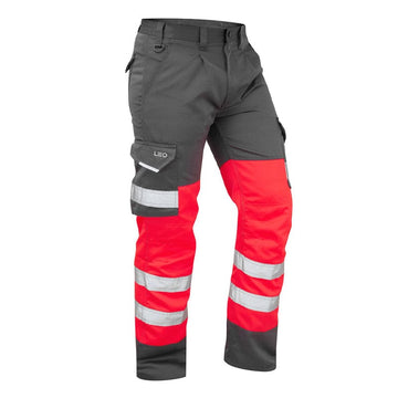 Leo Workwear Bideford Cargo Red/Grey Hi-Vis Trousers
