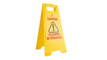 Cleaning in progress floor cleaning yellow caution sign.