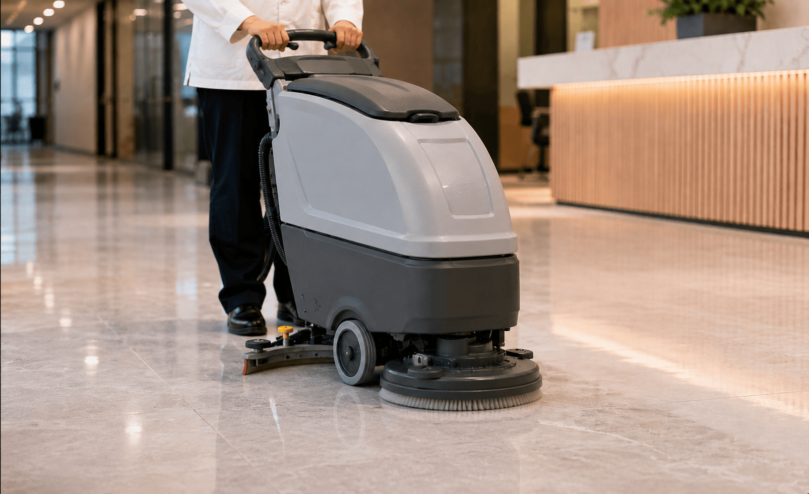 Person operating a floor cleaning machine in a modern building lobby.