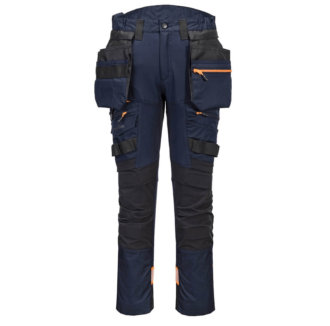 The **DX4 Detachable Holster Pocket Trousers** feature 4-way stretch fabric, ripstop durability, zip-off holster pockets, multiple storage options, and a stretch crotch gusset for maximum flexibility and comfort. Ideal for demanding work environments.