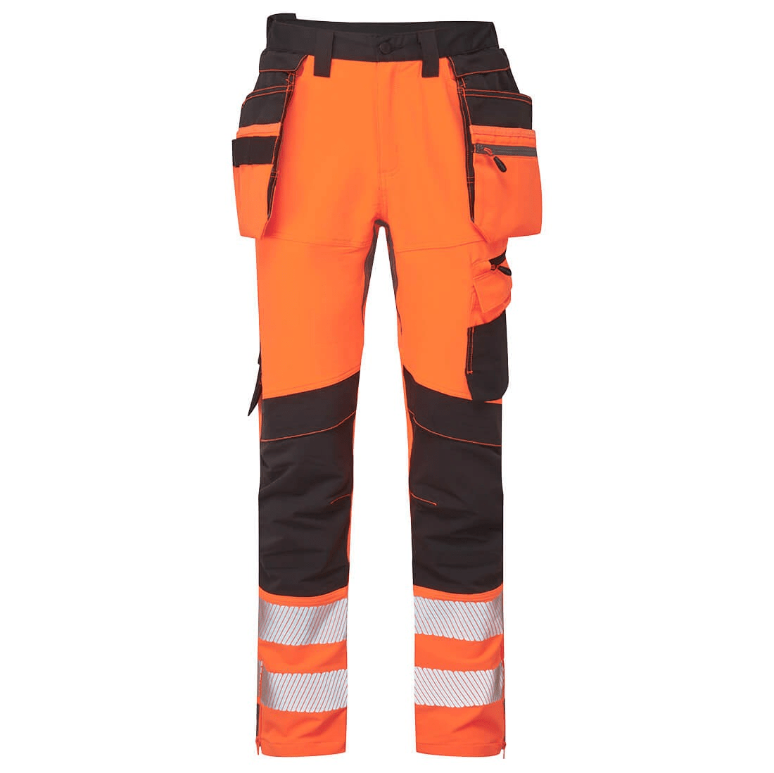 DX4 High Visibility Detachable Holster Pocket Craft Trouser with 4-way stretch fabric, adjustable knee pads, multiple utility pockets, zip thigh pockets, hammer loop, reflective tape, and a high-rise waistband for protection and comfort.