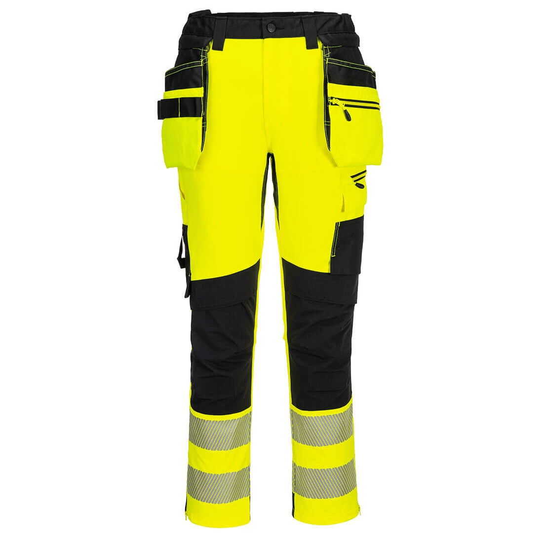 DX4 High Visibility Detachable Holster Pocket Craft Trouser with 4-way stretch fabric, adjustable knee pads, multiple utility pockets, zip thigh pockets, hammer loop, reflective tape, and a high-rise waistband for protection and comfort.