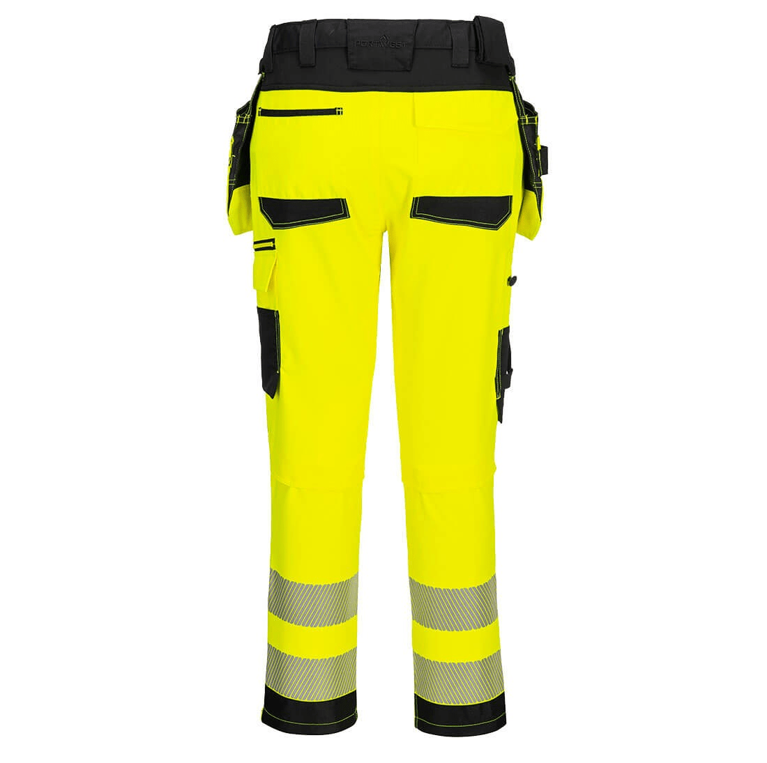 DX4 High Visibility Detachable Holster Pocket Craft Trouser with 4-way stretch fabric, adjustable knee pads, multiple utility pockets, zip thigh pockets, hammer loop, reflective tape, and a high-rise waistband for protection and comfort.