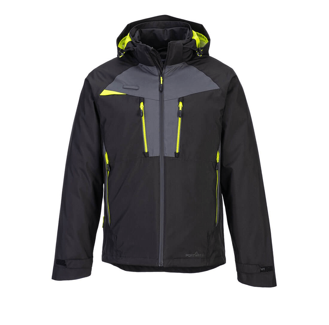 The DX465 3-in-1 Jacket in black features a waterproof outer layer, a detachable insulated inner jacket, adjustable hood, multiple pockets, and ergonomic fit for year-round protection.