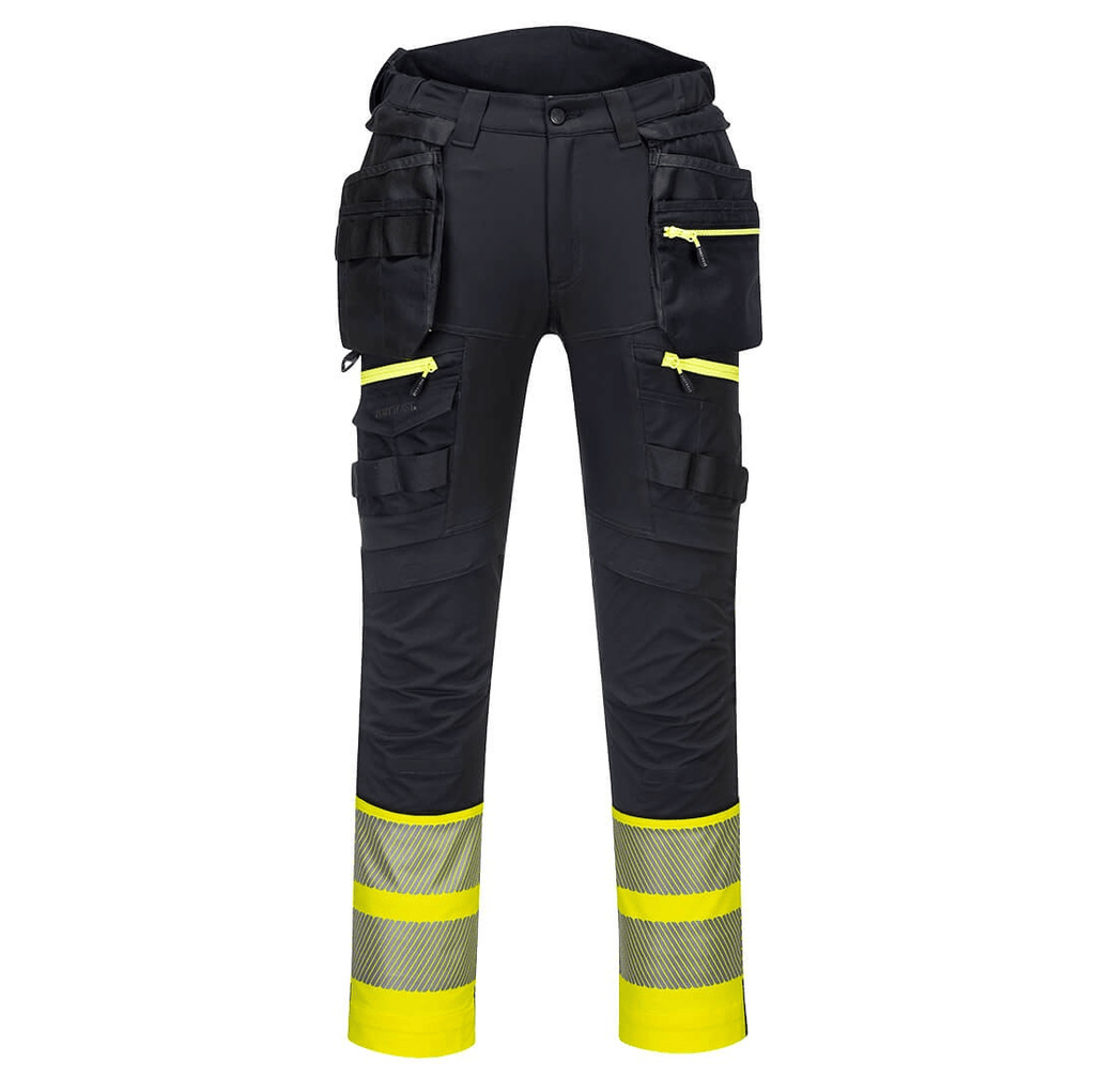DX4 Hi-Vis Detachable Holster Pocket Class 1 Trousers with 4-way stretch fabric, adjustable knee pads, multiple utility pockets, and reflective tape for enhanced visibility and comfort.