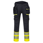DX4 Hi-Vis Detachable Holster Pocket Class 1 Trousers with 4-way stretch fabric, adjustable knee pads, multiple utility pockets, and reflective tape for enhanced visibility and comfort.