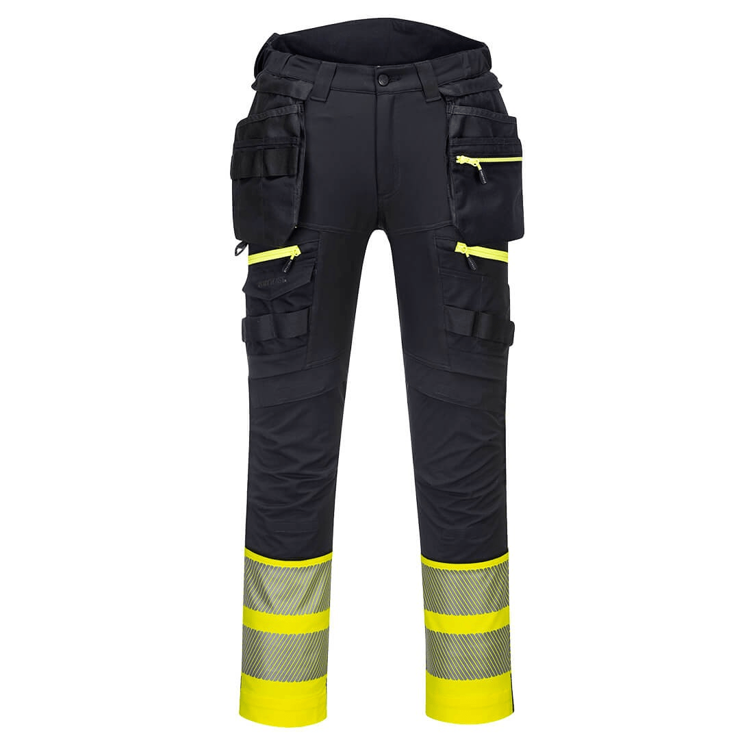 DX4 Hi-Vis Detachable Holster Pocket Class 1 Trousers with 4-way stretch fabric, adjustable knee pads, multiple utility pockets, and reflective tape for enhanced visibility and comfort.