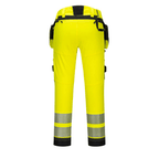 DX4 Hi-Vis Detachable Holster Pocket Trousers with 4-way stretch fabric, adjustable knee pads, multiple utility pockets, reinforced stitching, and reflective tape for visibility and comfort.