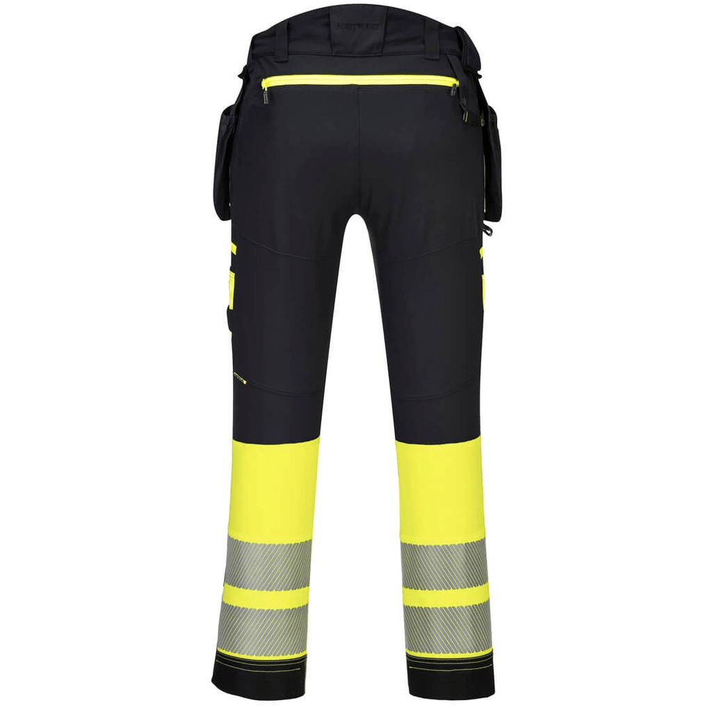 DX4 Hi-Vis Detachable Holster Pocket Class 1 Trousers with 4-way stretch fabric, adjustable knee pads, multiple utility pockets, and reflective tape for enhanced visibility and comfort.