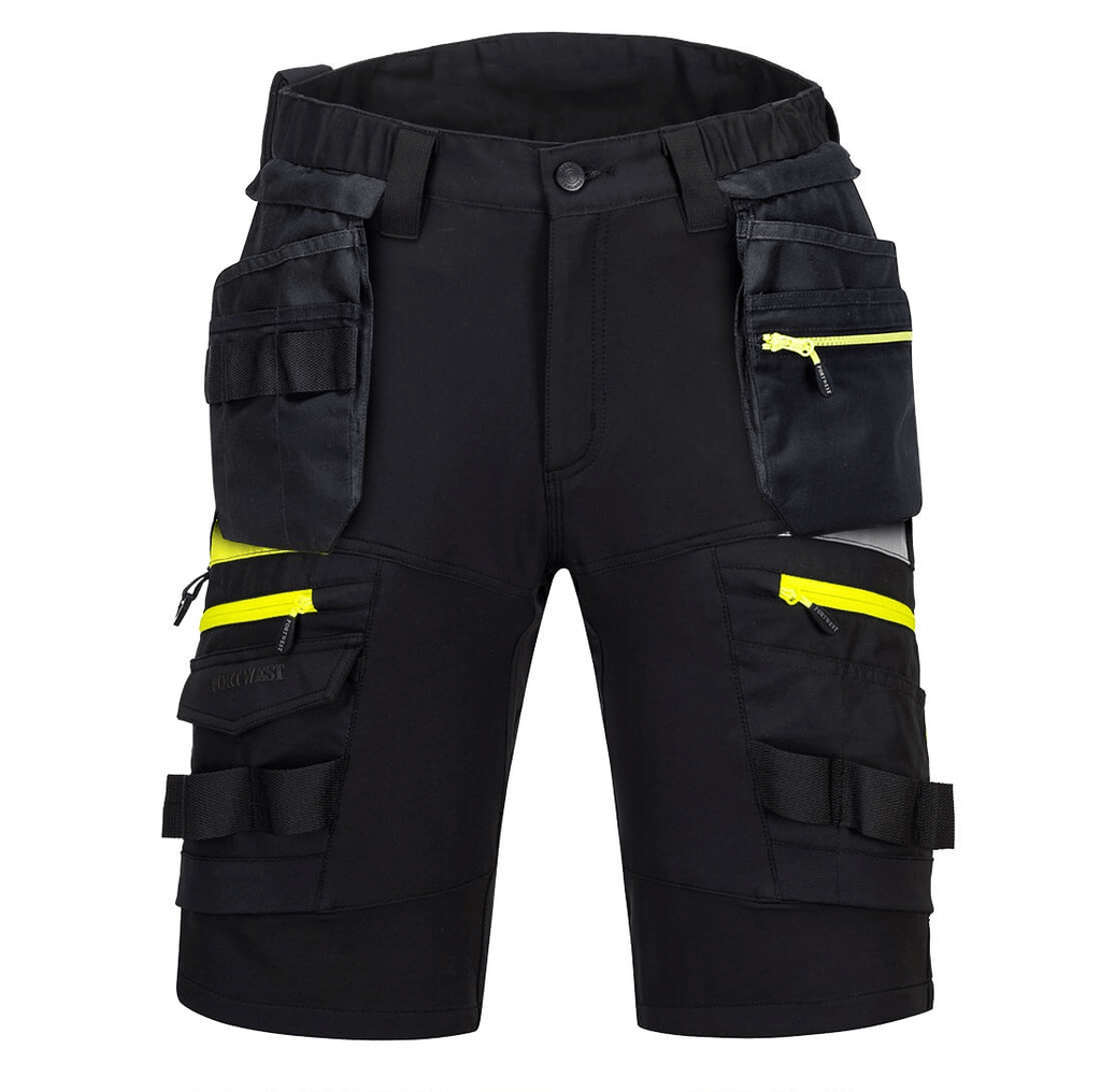 The DX4 Detachable Holster Pocket Shorts in black feature 4-way stretch fabric, ripstop for durability, 10 pockets including zip-off holster and side thigh pockets, and a stretch crotch gusset for flexibility and comfort. Perfect for work with a high-rise waistband and elastic waist for added comfort.
