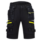 The DX4 Detachable Holster Pocket Shorts in black feature 4-way stretch fabric, ripstop for durability, 10 pockets including zip-off holster and side thigh pockets, and a stretch crotch gusset for flexibility and comfort. Perfect for work with a high-rise waistband and elastic waist for added comfort.
