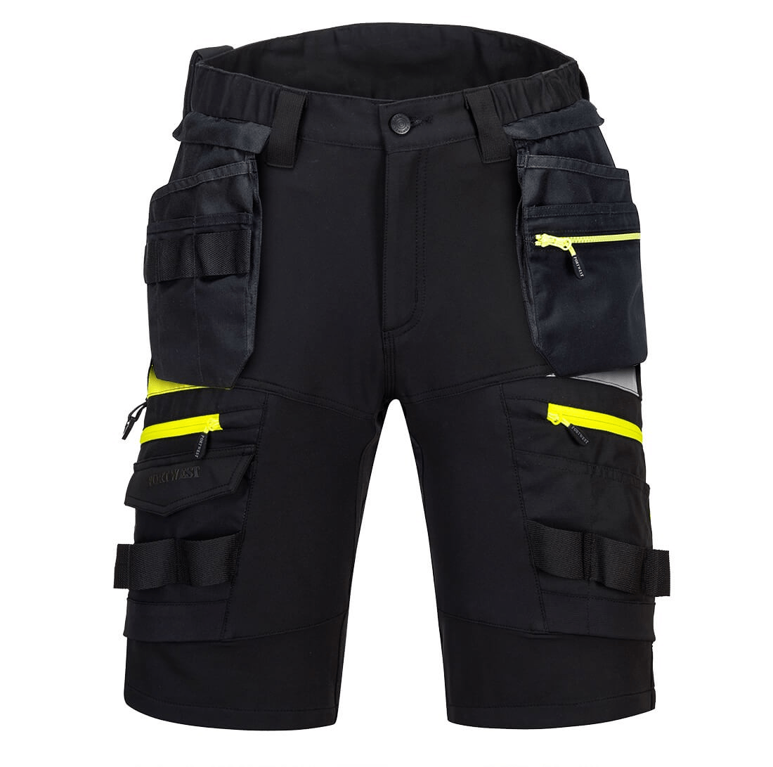 The DX4 Detachable Holster Pocket Shorts in black feature 4-way stretch fabric, ripstop for durability, 10 pockets including zip-off holster and side thigh pockets, and a stretch crotch gusset for flexibility and comfort. Perfect for work with a high-rise waistband and elastic waist for added comfort.