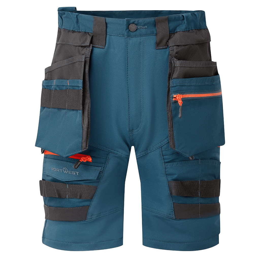 The DX4 Detachable Holster Pocket Shorts in blue feature 4-way stretch fabric, ripstop for durability, 10 pockets including zip-off holster and side thigh pockets, and a stretch crotch gusset for flexibility and comfort. Perfect for work with a high-rise waistband and elastic waist for added comfort.