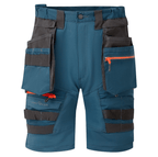 The DX4 Detachable Holster Pocket Shorts in blue feature 4-way stretch fabric, ripstop for durability, 10 pockets including zip-off holster and side thigh pockets, and a stretch crotch gusset for flexibility and comfort. Perfect for work with a high-rise waistband and elastic waist for added comfort.