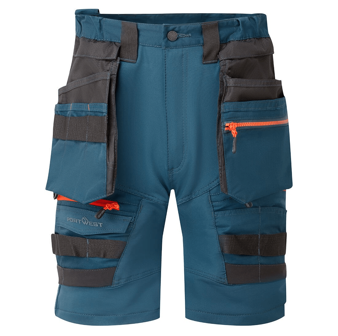 The DX4 Detachable Holster Pocket Shorts in blue feature 4-way stretch fabric, ripstop for durability, 10 pockets including zip-off holster and side thigh pockets, and a stretch crotch gusset for flexibility and comfort. Perfect for work with a high-rise waistband and elastic waist for added comfort.
