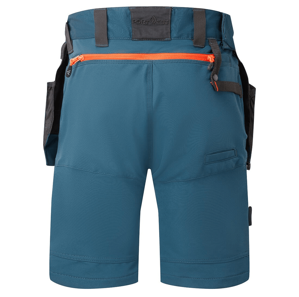 The DX4 Detachable Holster Pocket Shorts in blue feature 4-way stretch fabric, ripstop for durability, 10 pockets including zip-off holster and side thigh pockets, and a stretch crotch gusset for flexibility and comfort. Perfect for work with a high-rise waistband and elastic waist for added comfort.