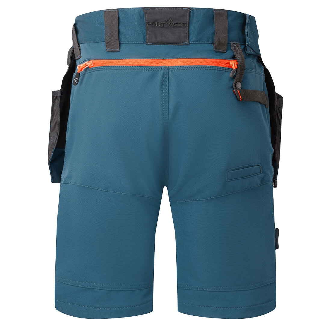 The DX4 Detachable Holster Pocket Shorts in blue feature 4-way stretch fabric, ripstop for durability, 10 pockets including zip-off holster and side thigh pockets, and a stretch crotch gusset for flexibility and comfort. Perfect for work with a high-rise waistband and elastic waist for added comfort.