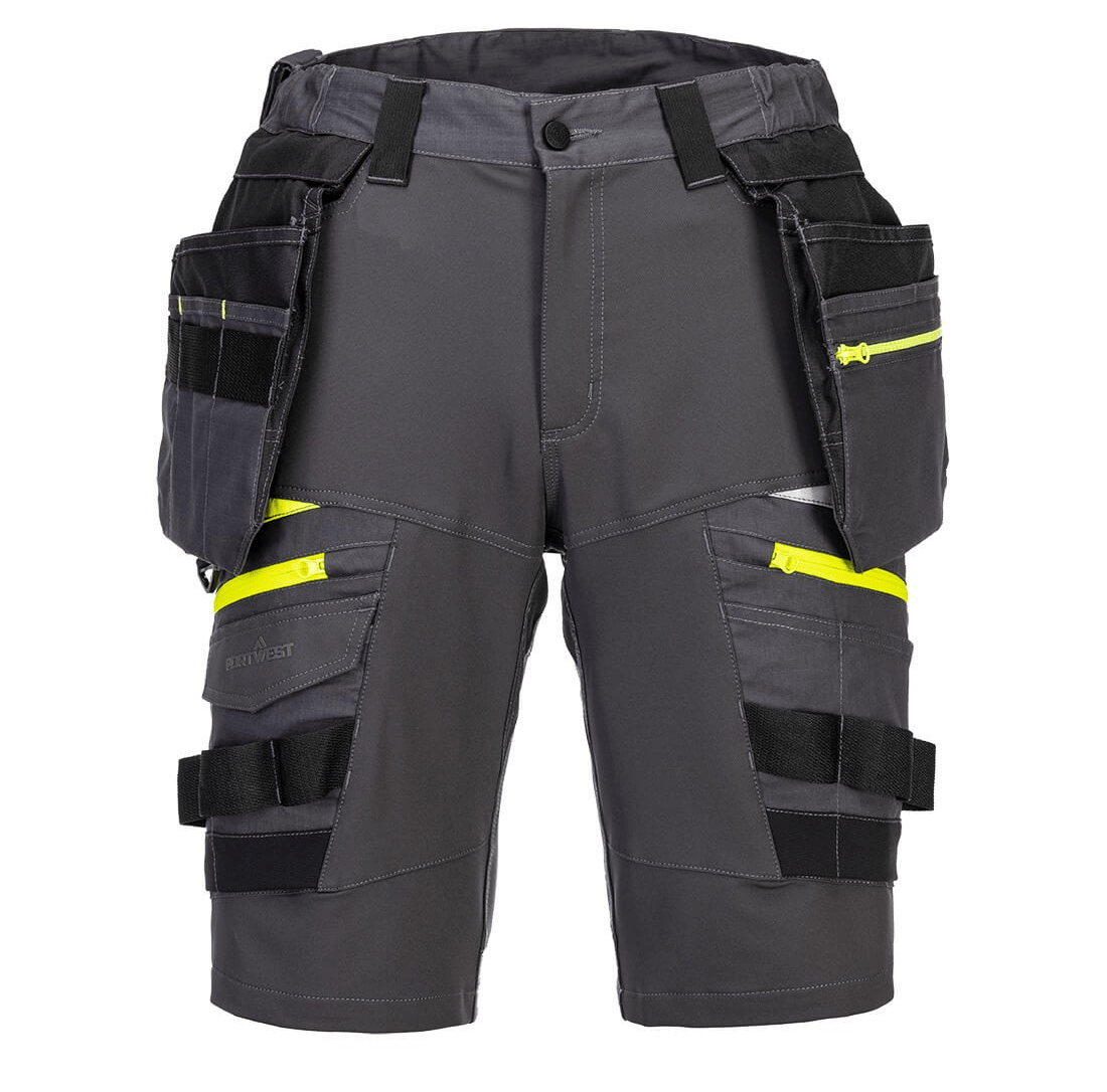 The DX4 Detachable Holster Pocket Shorts in grey feature 4-way stretch fabric, ripstop for durability, 10 pockets including zip-off holster and side thigh pockets, and a stretch crotch gusset for flexibility and comfort. Perfect for work with a high-rise waistband and elastic waist for added comfort.