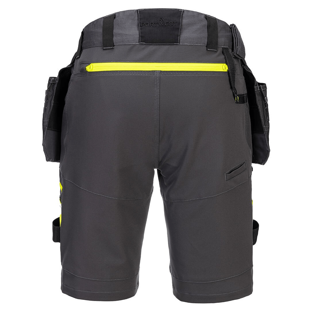The DX4 Detachable Holster Pocket Shorts in grey feature 4-way stretch fabric, ripstop for durability, 10 pockets including zip-off holster and side thigh pockets, and a stretch crotch gusset for flexibility and comfort. Perfect for work with a high-rise waistband and elastic waist for added comfort