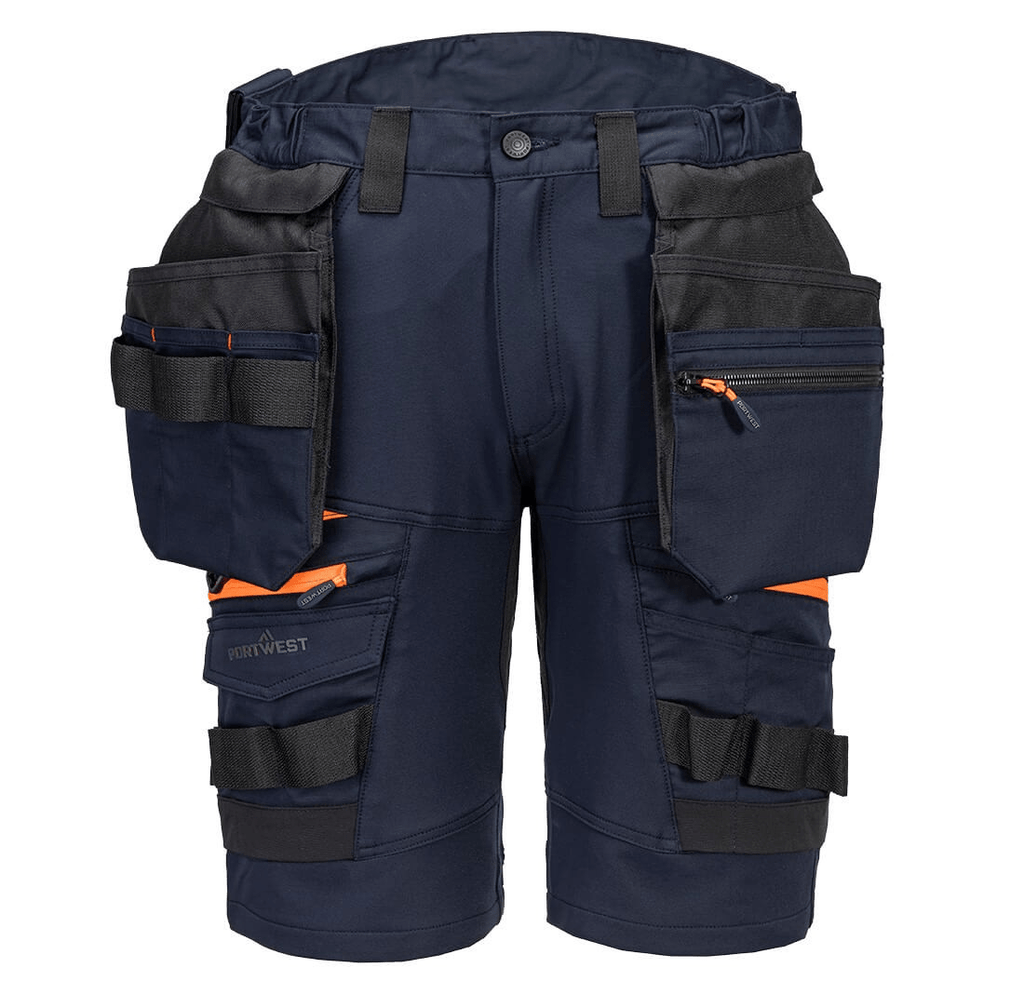 The DX4 Detachable Holster Pocket Shorts in NAVY feature 4-way stretch fabric, ripstop for durability, 10 pockets including zip-off holster and side thigh pockets, and a stretch crotch gusset for flexibility and comfort. Perfect for work with a high-rise waistband and elastic waist for added comfort.