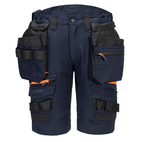 The DX4 Detachable Holster Pocket Shorts in NAVY feature 4-way stretch fabric, ripstop for durability, 10 pockets including zip-off holster and side thigh pockets, and a stretch crotch gusset for flexibility and comfort. Perfect for work with a high-rise waistband and elastic waist for added comfort.