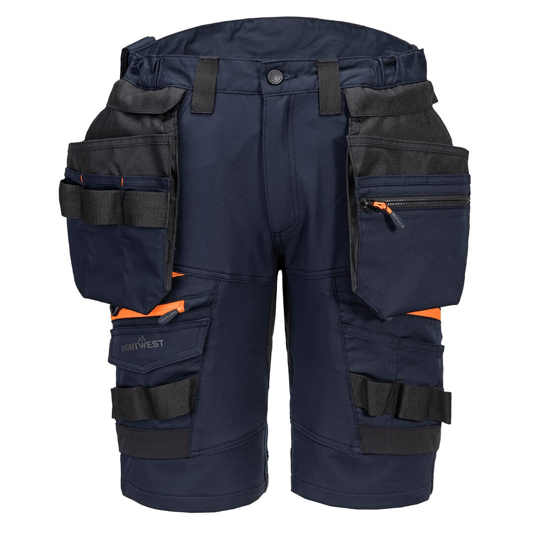 The DX4 Detachable Holster Pocket Shorts in NAVY feature 4-way stretch fabric, ripstop for durability, 10 pockets including zip-off holster and side thigh pockets, and a stretch crotch gusset for flexibility and comfort. Perfect for work with a high-rise waistband and elastic waist for added comfort.