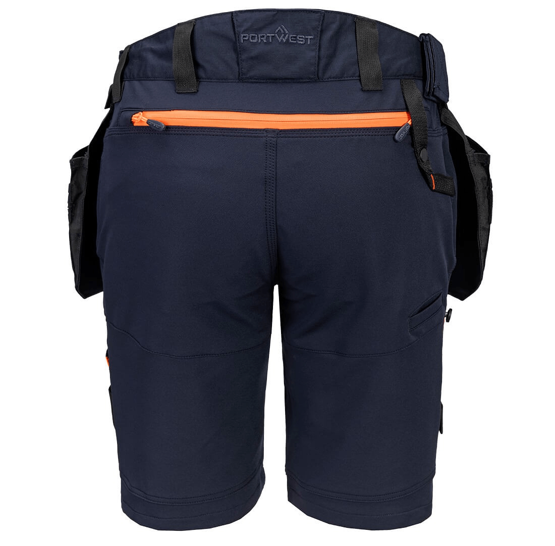 The DX4 Detachable Holster Pocket Shorts in navy feature 4-way stretch fabric, ripstop for durability, 10 pockets including zip-off holster and side thigh pockets, and a stretch crotch gusset for flexibility and comfort. Perfect for work with a high-rise waistband and elastic waist for added comfort.