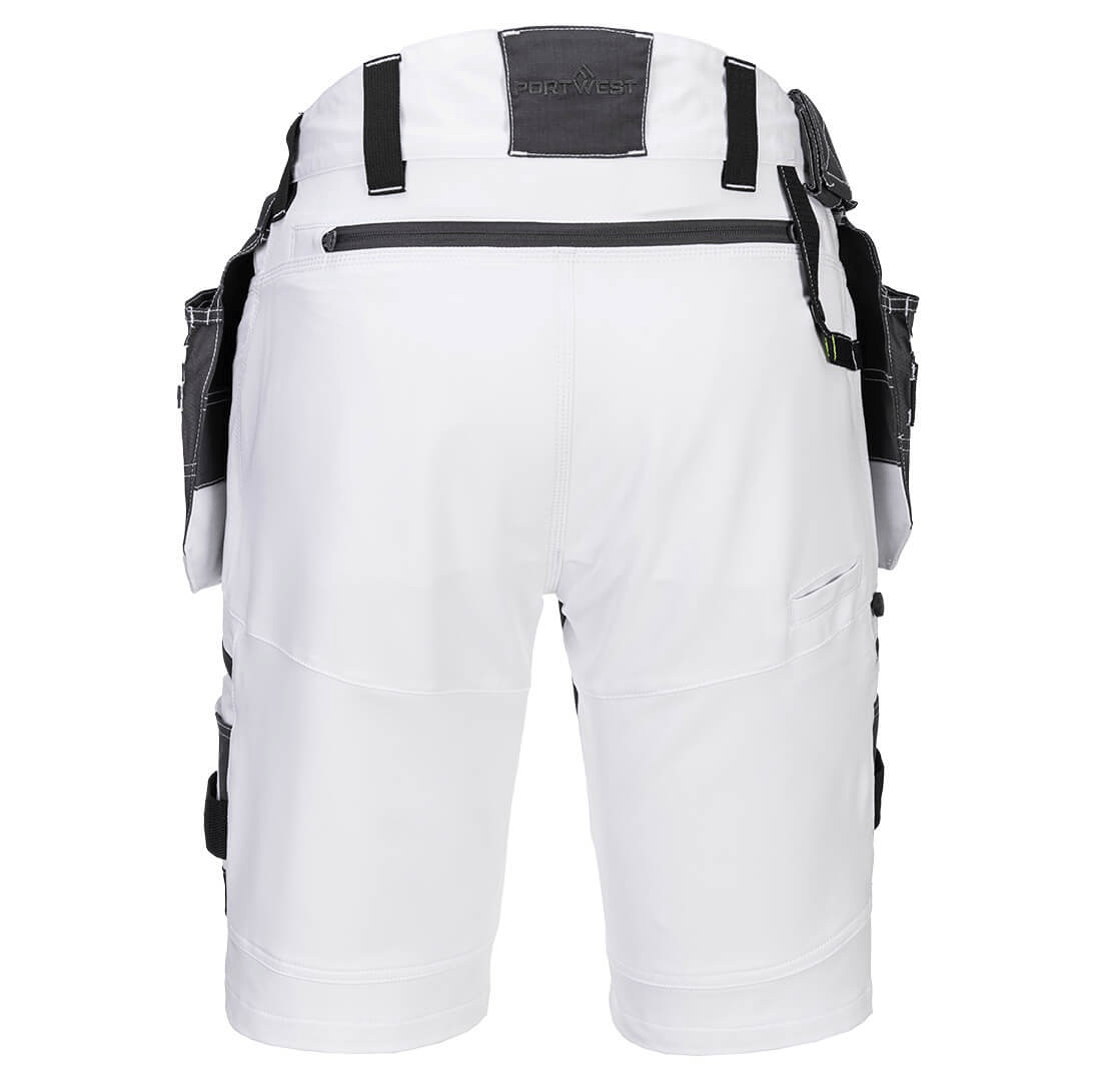 The DX4 Detachable Holster Pocket Shorts in white feature 4-way stretch fabric, ripstop for durability, 10 pockets including zip-off holster and side thigh pockets, and a stretch crotch gusset for flexibility and comfort. Perfect for work with a high-rise waistband and elastic waist for added comfort.