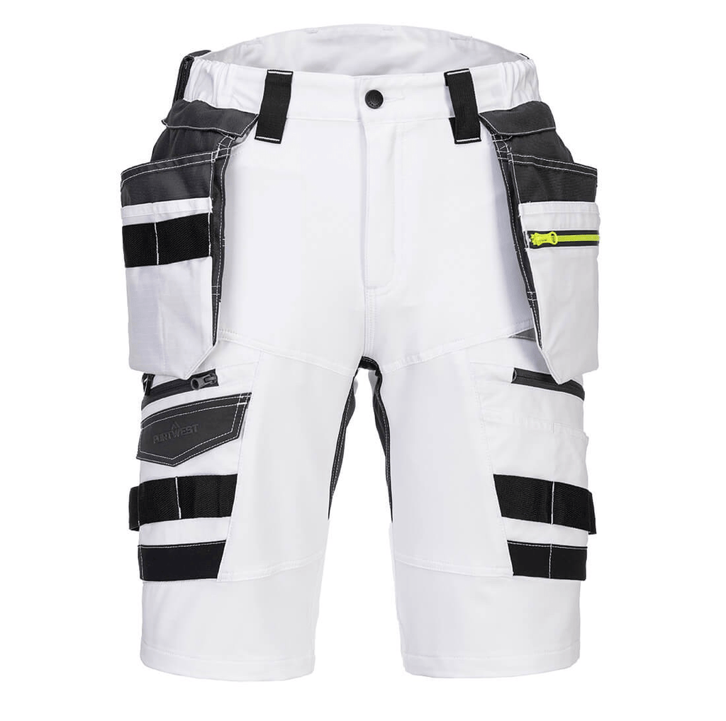 The DX4 Detachable Holster Pocket Shorts in white feature 4-way stretch fabric, ripstop for durability, 10 pockets including zip-off holster and side thigh pockets, and a stretch crotch gusset for flexibility and comfort. Perfect for work with a high-rise waistband and elastic waist for added comfort.