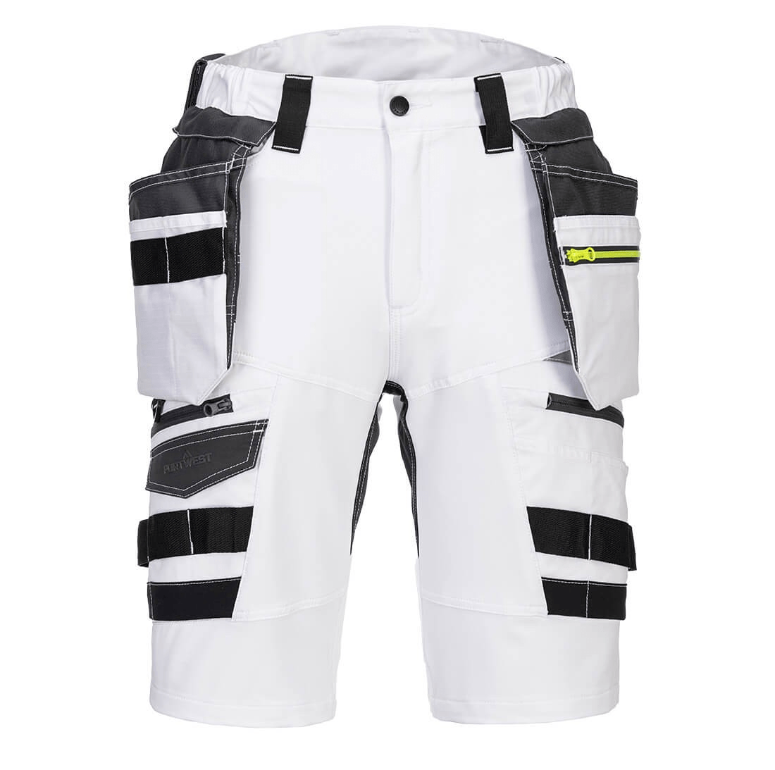 The DX4 Detachable Holster Pocket Shorts in white feature 4-way stretch fabric, ripstop for durability, 10 pockets including zip-off holster and side thigh pockets, and a stretch crotch gusset for flexibility and comfort. Perfect for work with a high-rise waistband and elastic waist for added comfort.