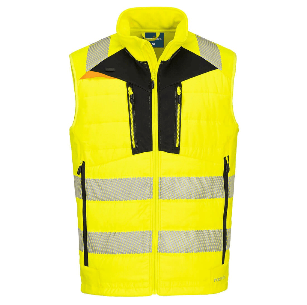 The DX4 Hi-Vis Hybrid Baffle Bodywarmer in YELLOW and BLACK combines high visibility with a modern design. It features a baffle quilted design for insulation and a durable, water-resistant outer layer. The bodywarmer is designed to keep the wearer warm and visible in challenging conditions, while offering comfort and flexibility. With its contrasting colors, it enhances safety and ensures practicality for work environments.