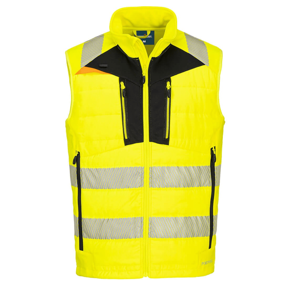 The DX4 Hi-Vis Hybrid Baffle Bodywarmer in YELLOW and BLACK combines high visibility with a modern design. It features a baffle quilted design for insulation and a durable, water-resistant outer layer. The bodywarmer is designed to keep the wearer warm and visible in challenging conditions, while offering comfort and flexibility. With its contrasting colors, it enhances safety and ensures practicality for work environments.