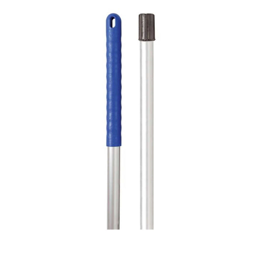 Jangro Exel medium-weight aluminum mop handle with blue grip and push fitting, ideal for color-coded cleaning