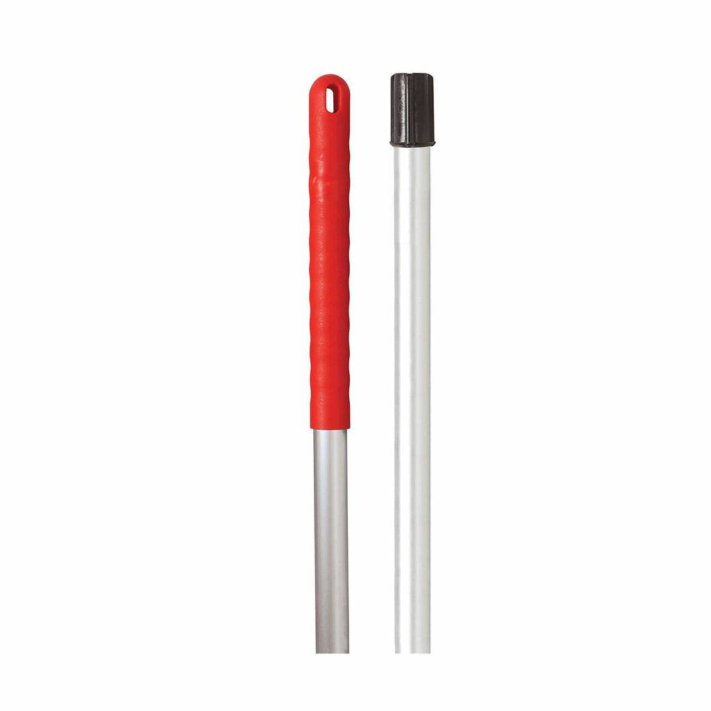 Jangro Exel aluminum mop handle featuring a red grip and push fitting for compatibility with Exel sockets.