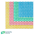 A set of cleaning cloths arranged in a layered, overlapping pattern. Each cloth features a chevron or wavy zigzag pattern in different colours - yellow, pink, green, and blue - with white creating the wave effect.