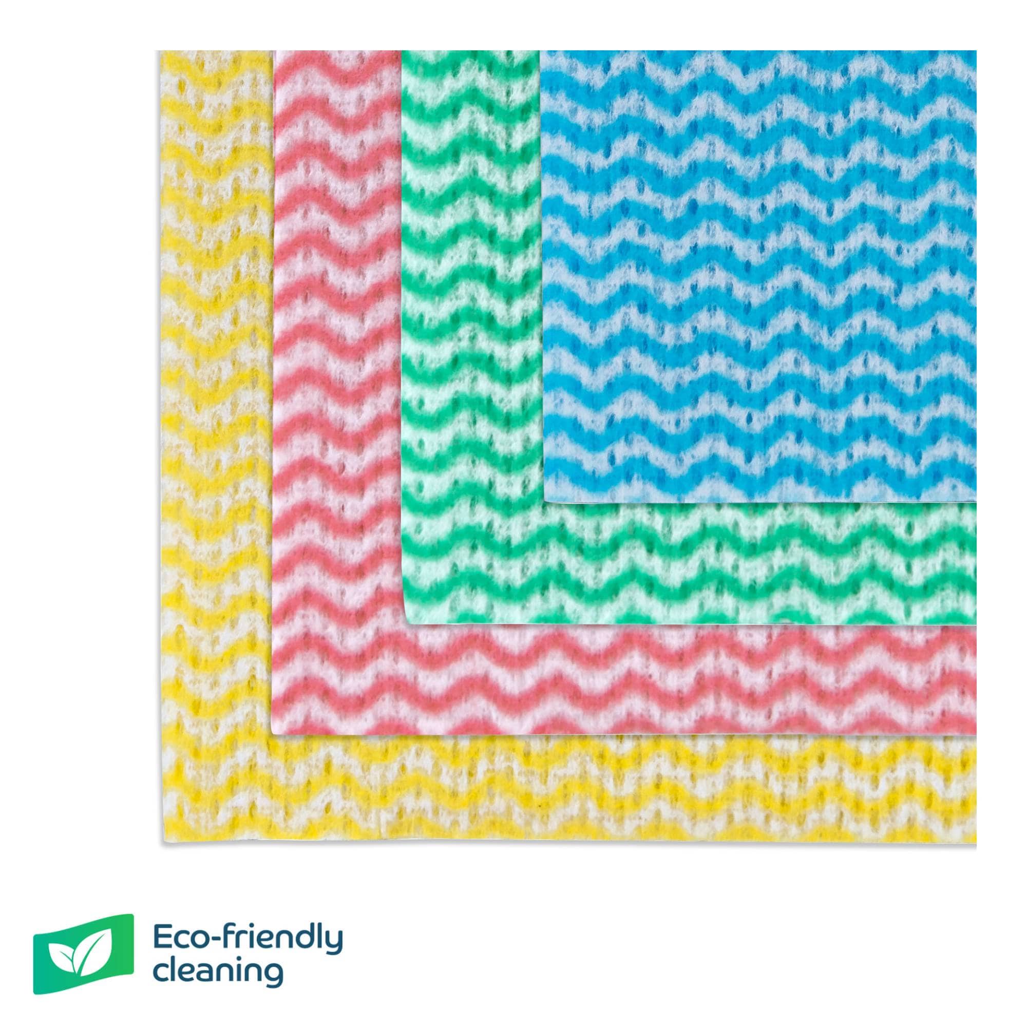 A set of cleaning cloths arranged in a layered, overlapping pattern. Each cloth features a chevron or wavy zigzag pattern in different colours - yellow, pink, green, and blue - with white creating the wave effect.