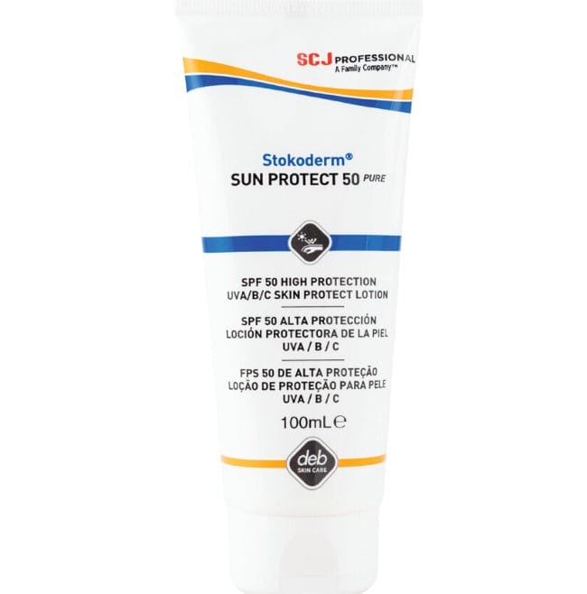 A white tube of Stokoderm Sun Protect 50 Pure sunscreen with SPF 50 high protection against UVA/B/C rays.