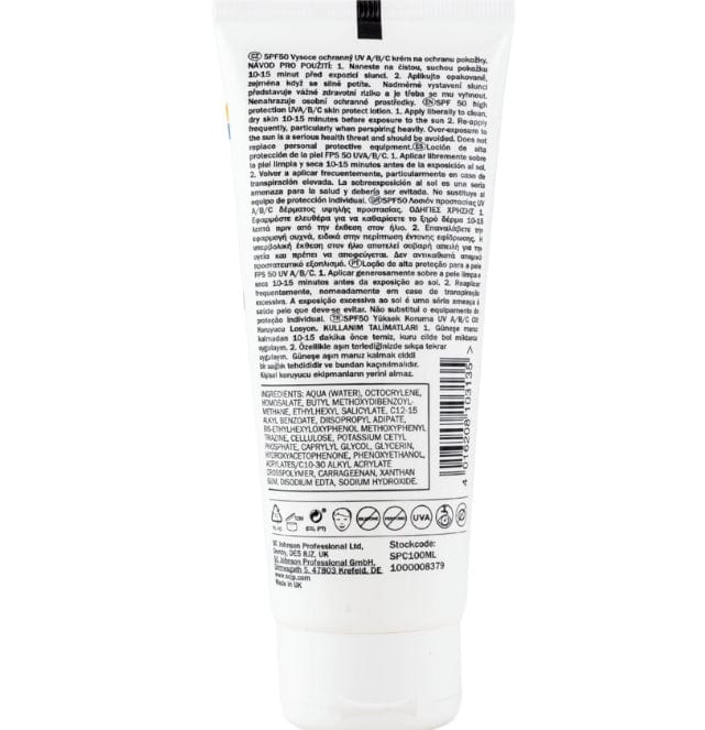 The back panel of Stokoderm Sun Protect 50 Pure sunscreen displaying a detailed list of active and inactive ingredients, application instructions recommending liberal application 15 minutes before sun exposure, and reapplication guidelines. The label includes safety warnings and storage information for this broad-spectrum SPF 50 UVA/B/C protection formula.