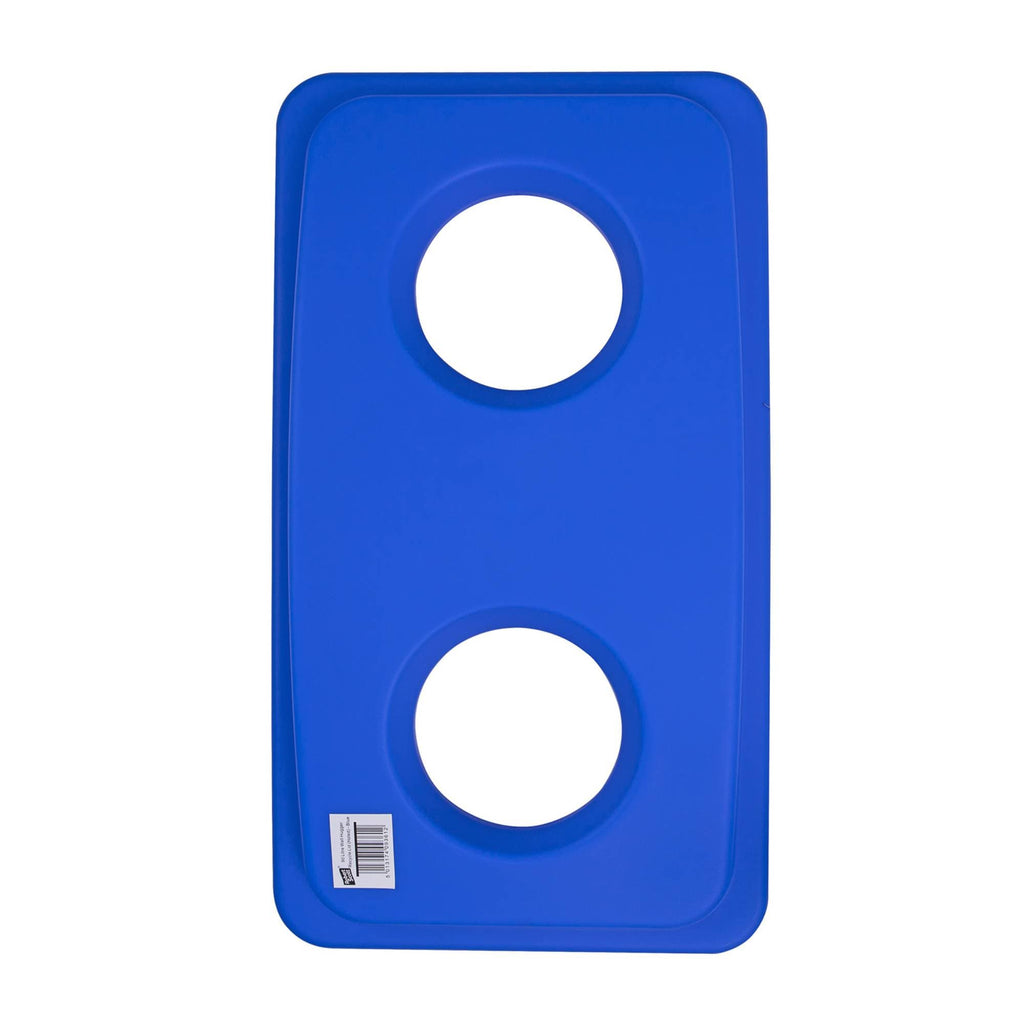 Tall rectangular recycling bin with blue lid featuring two circular openings, shown against white background. Grey body construction with ergonomic wall-hugging design.