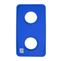 Tall rectangular recycling bin with blue lid featuring two circular openings, shown against white background. Grey body construction with ergonomic wall-hugging design.
