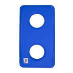Tall rectangular recycling bin with blue lid featuring two circular openings, shown against white background. Grey body construction with ergonomic wall-hugging design.