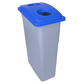 Tall rectangular recycling bin with blue lid featuring two circular openings, shown against white background. Grey body construction with ergonomic wall-hugging design.