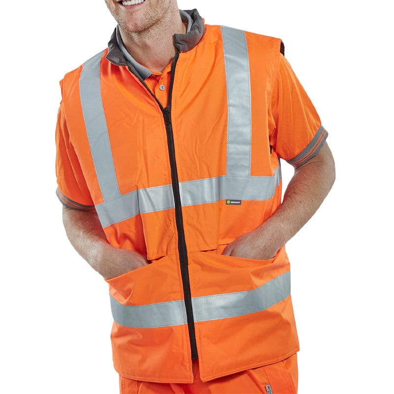 beeswift reversible hi vis interactive bodywarmer orange db927 close up