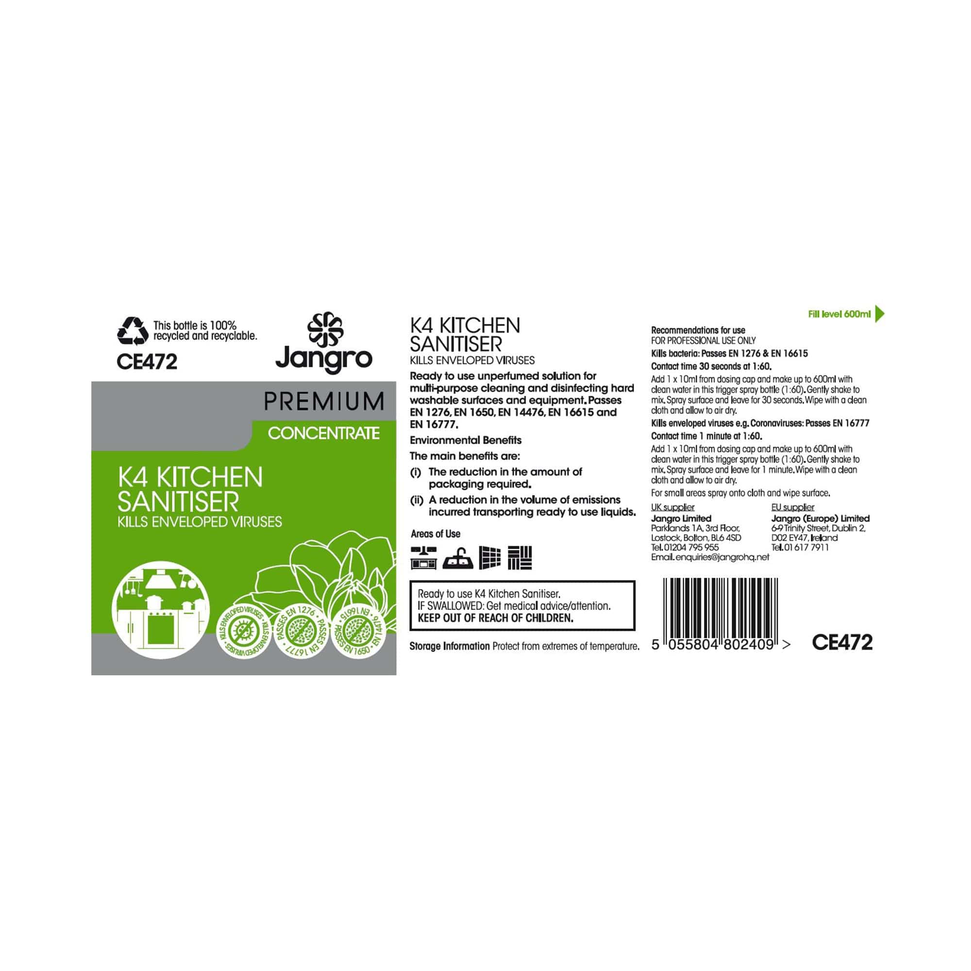 dosing instructions for k4 kitchen sanitiser ce472