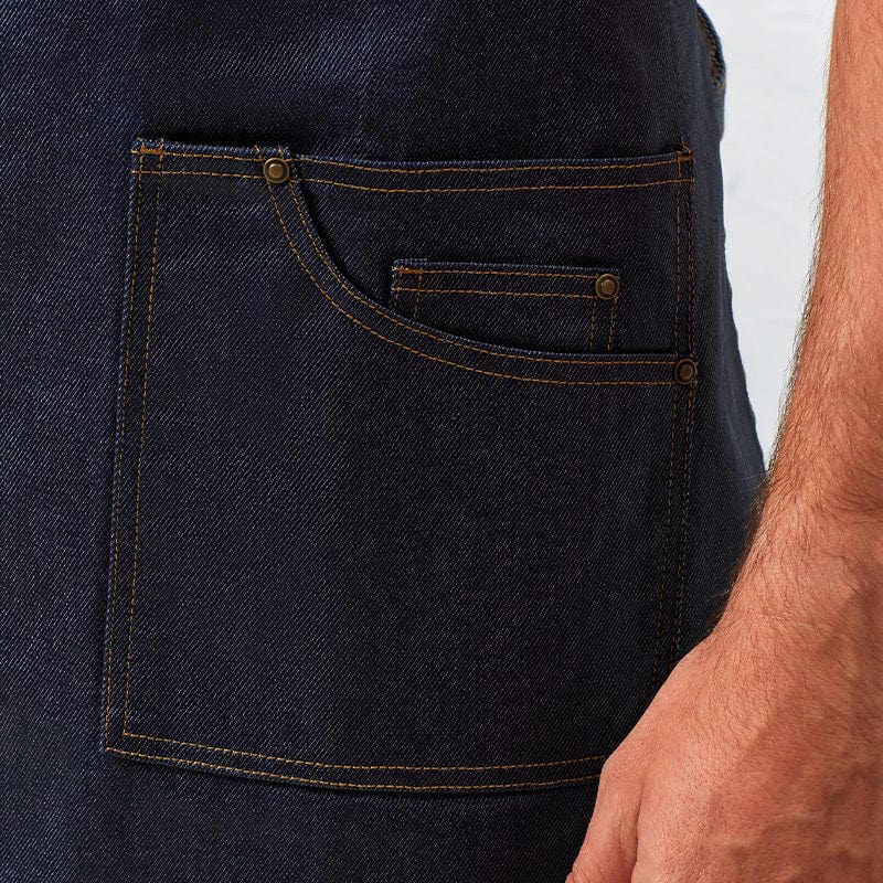 indigo waxed look bib apron close up pocket