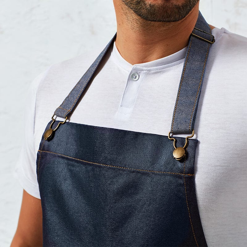 indigo waxed look bib apron close up
