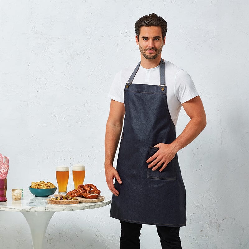 indigo waxed look bib apron model